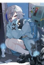 Rule 34 | 1girl, 666, absurdres, backpack, bag, black footwear, blue bag, blue fire, blue hair, blue jacket, bow, bright pupils, candle, cellphone, cracked skin, cross-shaped pupils, fire, flip phone, footwear bow, gradient hair, grey bow, hair ornament, highres, jacket, kneehighs, long sleeves, multicolored hair, original, payphone, phone, poster (object), randoseru, red eyes, shiozaki ise, shoes, short hair, single tear, socks, solo, spikes, squatting, symbol-shaped pupils, two-tone hair, white hair, white pupils, white socks, x hair ornament