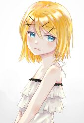 Rule 34 | 1girl, adolescence (vocaloid), adolescent princess (module), aqua eyes, bare shoulders, blonde hair, blush, camisole, flat chest, frilled camisole, frills, hair between eyes, hair ornament, hairclip, highres, kagamine rin, kamabokoo3, looking to the side, medium hair, off shoulder, pale skin, project diva (series), skinny, smile, solo, spaghetti strap, vocaloid, white background, white camisole