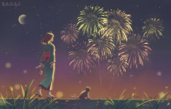 Rule 34 | 1girl, absurdres, ahoge, black cat, brown hair, cat, commentary request, evening, fireworks, from behind, green kimono, highres, japanese clothes, kimono, long sleeves, moon, original, outdoors, sandals, short hair, solo, wide shot, wide sleeves, x.x.d.x.c, yukata