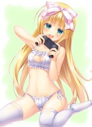 Rule 34 | &gt;:d, 1girl, :d, aqua eyes, bell, blonde hair, blush, bow, bra, breasts, cat cutout, cat ear panties, cat lingerie, choker, cleavage cutout, clothing cutout, controller, dualshock, game controller, gamepad, hair bow, hair ribbon, highres, long hair, looking at viewer, mafuyun, meme attire, navel, neck bell, no shoes, open mouth, panties, playstation controller, ribbon, seitokai no ichizon, shiina mafuyu, side-tie panties, sitting, smile, solo, stomach, thighhighs, underwear, underwear only, v-shaped eyebrows, very long hair
