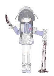 Rule 34 | 1girl, apron, black hair, blood, bloody knife, blunt bangs, frilled apron, frills, full body, grey eyes, guro, hand up, highres, holding, holding knife, holding stuffed toy, hougetsu (moon neetcat), intestines, jacket, jersey maid, kneehighs, knife, long hair, long sleeves, looking at viewer, maid, maid headdress, open mouth, original, platform footwear, purple jacket, shoes, simple background, socks, solo, standing, stuffed animal, stuffed rabbit, stuffed toy, track jacket, turtleneck, turtleneck jacket, two side up, unconventional maid, waist apron, white apron, white background, white footwear, white socks