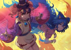 Rule 34 | 2girls, blue eyes, blue hair, bow, bracelet, dress, drill hair, earrings, glasses, hair bow, hat, hsin, jacket, jewelry, long hair, looking at viewer, multiple girls, multiple hair bows, necklace, pink eyes, pink hair, skirt, touhou, twin drills, yorigami jo&#039;on, yorigami shion