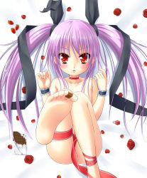 Rule 34 | 1girl, anni minto, ass, barefoot, between toes, blush, chocolate, covering privates, covering crotch, feet, flower, holding with feet, foreshortening, highres, leg up, legs, long hair, naked ribbon, nude, nude cover, original, purple hair, red eyes, red rose, ribbon, rose, sitting, soles, solo, toes, twintails, valentine, very long hair, wristband