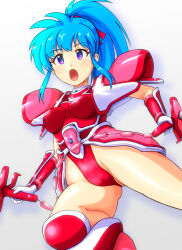 Rule 34 | 1girl, armor, blue hair, breasts, corque lans, double-blade, dual wielding, faussete amour, gauntlets, gloves, greaves, high ponytail, highres, holding, holding weapon, leotard, medium breasts, open mouth, pauldrons, ponytail, purple eyes, rakukisa, red armor, red footwear, red leotard, shoulder armor, sidelocks, simple background, solo, thighs, weapon, white background