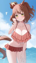 1girl animal_ears aston_machan_(umamusume) bare_arms bare_shoulders bikini bikini_skirt bird blue_sky blush breasts brown_bikini brown_hair cleavage closed_mouth collarbone commentary_request cowboy_shot crown day frilled_bikini frills highres horse_ears horse_tail kurumi_lm large_breasts looking_at_viewer medium_hair mini_crown navel ocean one_side_up outdoors sky smile solo swimsuit tail tareme twitter_username umamusume water yellow_eyes