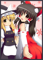 Rule 34 | 2girls, animal ear fluff, animal ears, apron, black hair, black vest, blonde hair, blush, bow, braid, cat ears, closed mouth, commentary request, detached sleeves, frilled bow, frilled hair tubes, frills, hair bow, hair tubes, hakurei reimu, hat, hat bow, kirisame marisa, long hair, looking at viewer, multiple girls, open mouth, puffy short sleeves, puffy sleeves, red bow, red eyes, red skirt, ribbon-trimmed sleeves, ribbon trim, short sleeves, side braid, single braid, skirt, skirt set, smile, touhou, vest, waist apron, white bow, witch hat, yellow eyes, yuu hitoshi