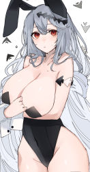 Rule 34 | 1girl, absurdres, angelfish, animal ears, arknights, arm under breasts, bare shoulders, black leotard, blush, breast hold, breasts, chunta, cleavage, collarbone, cowboy shot, fake animal ears, fish, fish hair ornament, grey hair, groin, hair ornament, highres, huge breasts, leotard, long hair, parted lips, playboy bunny, rabbit ears, red eyes, simple background, skadi (arknights), solo, strapless, strapless leotard, tropical fish, very long hair, white background, wrist cuffs