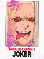 Rule 34 | 1boy, artist request, blonde hair, character name, donquixote doflamingo, feather trim, grin, here&#039;s johnny! (meme), highres, looking to the side, meme, one piece, open mouth, parody, short hair, smile, solo, sunglasses, teeth, the shining, tongue, tongue out, veins, very short hair
