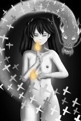 Rule 34 | 1girl, chibiosaka, closed eyes, closed mouth, dragon, fire, flat chest, greyscale, hair ornament, japanese text, kantai collection, long hair, magic, monochrome, navel, nipples, onmyouji, paper, partially visible vulva, pubic hair, ryuujou (kancolle), shikigami, teeth, twintails
