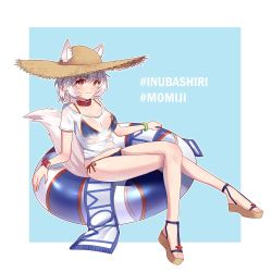 Rule 34 | 1girl, animal ears, bikini, blouse, blue bikini, blush, breasts, character name, cleavage, closed mouth, collar, collarbone, hat, highres, inubashiri momiji, medium breasts, midriff, red collar, red eyes, sandals, see-through, see-through shirt, shirt, short hair, short sleeves, side-tie bikini bottom, sitting, solo, straw hat, swimsuit, taeminhyeon, tail, tamamo no mae (swimsuit lancer) (second ascension) (fate), toes, touhou, wet, wet clothes, white hair, white shirt, wolf ears, wolf girl, wolf tail