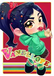 Rule 34 | 1girl, black hair, brown eyes, candy, character name, child, disney, english text, food, hair ornament, hair ribbon, highres, holding, hood, hoodie, inuki (aruurara), lollipop, long hair, looking at viewer, looking back, ponytail, red background, ribbon, scrunchie, simple background, solo, standing, striped background, striped legwear, tongue, tongue out, vanellope von schweetz, wreck-it ralph