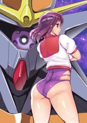 Rule 34 | 1980s (style), 1girl, ass, bandana, blush, bob cut, breasts, brown eyes, brown hair, crossed arms, from behind, gunbuster, headband, highres, large breasts, leotard, long hair, looking at viewer, looking back, mecha, medium breasts, oldschool, orizen, purple hair, retro artstyle, robot, science fiction, shiny clothes, shiny skin, smile, solo, takaya noriko, thighs, top wo nerae!