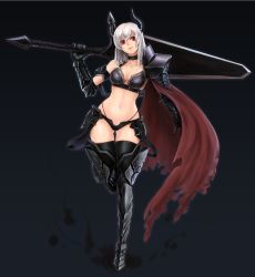 Rule 34 | 1girl, absurdres, armor, armored boots, bikini, bikini armor, black background, black bikini, black choker, black footwear, black thighhighs, boots, breasts, cape, choker, cleavage, closed mouth, collarbone, faulds, gauntlets, gluteal fold, greatsword, hair between eyes, head tilt, highres, holding, holding sword, holding weapon, horns, knight, long hair, medium breasts, mhg (hellma), navel, original, over shoulder, red cape, red eyes, shoulder armor, silver hair, smile, solo, standing, standing on one leg, swimsuit, sword, sword over shoulder, thigh boots, thigh gap, thighhighs, weapon, weapon over shoulder