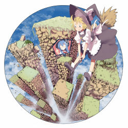 Rule 34 | 2girls, anger vein, angry, blonde hair, blue hair, broom, broom riding, brown eyes, circle, cloud, earth (planet), female focus, flying, from above, hat, hinanawi tenshi, kirisame marisa, long hair, middle finger, mieharu, multiple girls, sky, touhou, tower, witch, witch hat