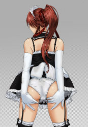 Rule 34 | 1girl, absurdres, ass, checkered background, cowboy shot, deviantart, elbow gloves, forgotten-wings, frilled thighhighs, frills, from behind, garter straps, gloves, hands on thighs, highres, lace, long hair, maid, original, panties, ponytail, simple background, solo, standing, thighhighs, underwear, white gloves, white panties