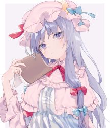 Rule 34 | 1girl, blue bow, blush, book, border, bow, breast hold, breasts, capelet, closed mouth, crescent, crescent hat ornament, frills, grey background, hair bow, hat, hat bow, hat ornament, head tilt, highres, long hair, long sleeves, looking at viewer, mob cap, mokyuko, multi-tied hair, neck ribbon, open book, outside border, patchouli knowledge, pink capelet, pink hat, purple eyes, purple hair, red bow, red ribbon, ribbon, simple background, solo, touhou, upper body, white border