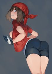Rule 34 | 1girl, absurdres, ass, bandana, bike shorts, blush, breasts, breasts out, brown eyes, brown hair, cameltoe, clenched hand, clenched teeth, commentary request, creatures (company), game freak, gloves, grey background, highres, keiz, leaning forward, looking back, may (pokemon), medium breasts, medium hair, nintendo, nipples, open clothes, open shirt, pokemon, pokemon rse, red bandana, red shirt, shirt, short sleeves, solo, sweatdrop, teeth
