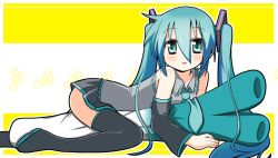 Rule 34 | 1girl, aqua eyes, aqua hair, blush, hatsune miku, long hair, looking at viewer, lying, minami (colorful palette), necktie, hugging object, open mouth, pillow, pillow hug, skirt, spring onion, thighhighs, twintails, very long hair, vocaloid