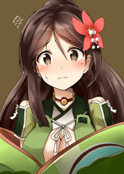 Rule 34 | 10s, 1girl, 3:, amagi (kancolle), breasts, brown background, brown eyes, brown hair, cleavage, flying sweatdrops, hair ornament, highres, kamelie, kantai collection, long hair, looking at viewer, mole, mole under eye, one-hour drawing challenge, ponytail, simple background, solo, sweat