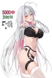 Rule 34 | 1girl, absurdres, ahoge, black nails, blush, bra, breasts, cleavage, clothes pull, crossed bangs, earrings, heterochromia, highres, jewelry, lace, lace-trimmed bra, lace trim, large breasts, lingerie, long hair, looking at viewer, mole, multicolored hair, nail polish, original, panties, pink hair, pulling own clothes, solo, two-tone hair, underwear, undressing, very long hair, vitaminechan, vivi (vitaminechan), white background, white hair, yellow eyes