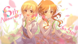 Rule 34 | 2girls, aiba yumi, anniversary, arm support, belt, bracelet, brown hair, commentary request, countdown, dress, earrings, floral print, flower, grass, highres, holding, holding flower, hoop earrings, idolmaster, idolmaster cinderella girls, idolmaster cinderella girls starlight stage, jewelry, light brown hair, looking at viewer, multiple girls, official art, open mouth, petals, short hair, short sleeves, sitting, sleeveless, sleeveless dress, smile, takamori aiko, tulip, wariza