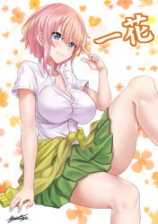 Rule 34 | 1girl, absurdres, arm at side, artist name, bare legs, blue eyes, blush, breasts, character name, cleavage, closed mouth, clothes around waist, collared shirt, dress shirt, earrings, feet out of frame, floral background, go-toubun no hanayome, green skirt, hand up, heart, heart earrings, highres, index finger raised, jewelry, knee up, large breasts, looking at viewer, miniskirt, nakano ichika, nez-box, pink eyes, pleated skirt, shirt, short hair, short sleeves, sitting, skirt, smile, solo, stud earrings, v-shaped eyebrows, white background, white shirt, wing collar