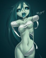 Rule 34 | 1girl, akira (meltyhip), amputee, bandaged arm, bandages, black sclera, blue background, blue eyes, bone, breasts, colored sclera, colored skin, drooling, female focus, green skin, green theme, guro, hair between eyes, highres, long hair, navel, open mouth, original, signature, simple background, solo, teeth, tongue, tongue out, zombie