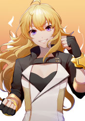 Rule 34 | 1girl, :d, ahoge, asd13, bad id, bad pixiv id, black gloves, black sleeves, blonde hair, breasts, cleavage, clenched hands, fingerless gloves, gloves, grin, hand up, jacket, long hair, long sleeves, looking at viewer, medium breasts, open mouth, purple eyes, rwby, smile, solo, sports bra, teeth, two-tone background, upper body, v-shaped eyebrows, white jacket, wrist guards, yang xiao long