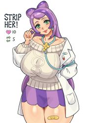 Rule 34 | 1girl, absurdres, alternate breast size, bandaid, blush, breasts, cable knit, coat, creatures (company), earrings, eyelashes, game freak, green eyes, highres, huge breasts, jacket, jewelry, lab coat, long hair, long sleeves, looking at viewer, miriam (pokemon), multicolored hair, nintendo, open clothes, open coat, pokemon, pokemon sv, purple hair, school nurse, skirt, smile, solo, striped clothes, striped skirt, sweater, thick thighs, thighs, thirstformilk, two-tone hair, white coat