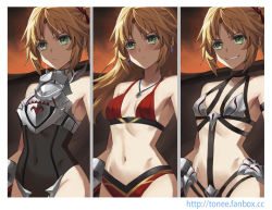 Rule 34 | 1girl, armor, bare shoulders, bikini armor, black thighhighs, blonde hair, blush, braid, breastplate, breasts, brown cape, cape, clarent (fate), embarrassed, fate/apocrypha, fate (series), faulds, french braid, green eyes, grin, hair ornament, hair scrunchie, long hair, looking at viewer, mordred (fate), mordred (fate/apocrypha), navel, parted bangs, pelvic curtain, ponytail, scrunchie, sidelocks, small breasts, smile, sword, thighhighs, thighs, tonee, weapon