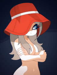 Rule 34 | 1girl, ape yacht kookies, black background, blue eyes, blush, breasts, collarbone, crossed arms, grey hair, hair over breasts, hat, hat over one eye, large breasts, liliana canistrelli, long hair, looking to the side, louis lloyd-judson, navel, nude, red hat, standing