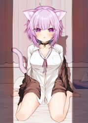 Rule 34 | 1girl, absurdres, ahoge, animal ears, black cardigan, blush, breasts, cardigan, cat ears, cat girl, cat tail, choker, commentary request, curtains, highres, hololive, indoors, ineka ka, large breasts, long sleeves, looking at viewer, neck ribbon, nekomata okayu, nekomata okayu (oversized shirt), off shoulder, open cardigan, open clothes, parted lips, purple eyes, purple hair, ribbon, shirt, short hair, sitting, tail, tissue box, virtual youtuber, wariza, white shirt