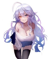 Rule 34 | 1girl, ahoge, bare shoulders, black thighhighs, blue eyes, blue skirt, breasts, cleavage, collarbone, commentary, cowboy shot, grey hair, grin, hair between eyes, heterochromia, highres, large breasts, leaning forward, long sleeves, looking at viewer, miniskirt, mmlyno, off-shoulder shirt, off shoulder, original, pleated skirt, shirt, simple background, skirt, sleeves past fingers, sleeves past wrists, smile, solo, standing, thighhighs, thighs, white background, white shirt, yellow eyes, zettai ryouiki