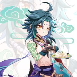 Rule 34 | 1boy, arm tattoo, bare shoulders, bead necklace, beads, bishounen, cake, closed mouth, cowboy shot, eating, eyes visible through hair, facial mark, food, forehead mark, genshin impact, gloves, green hair, highres, holding, holding food, hyny, jewelry, long hair, looking at viewer, male focus, multicolored hair, necklace, see-through, see-through shirt, simple background, solo, tattoo, two-tone hair, xiao (genshin impact), yellow eyes