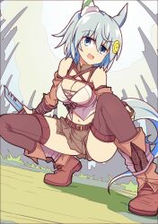 Rule 34 | 1girl, alternate costume, animal ears, bare shoulders, blue eyes, boots, breasts, brown footwear, brown gloves, brown skirt, brown thighhighs, cleavage, commentary request, elbow gloves, fingerless gloves, fold-over boots, gloves, grass, hair between eyes, hair ornament, hairclip, highres, holding, holding knife, horse ears, horse girl, horse tail, knife, medium breasts, midriff, navel, open mouth, outdoors, seiun sky (umamusume), serrated knife, skirt, smile, solo, spread legs, squatting, tail, tank top, thighhighs, umamusume, wahiko (black bastard), white tank top