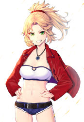 Rule 34 | 1girl, abs, bandeau, belt, blonde hair, blue shorts, breasts, cleavage, cowboy shot, denim, denim shorts, fang, fate/apocrypha, fate/grand order, fate (series), gluteal fold, green eyes, grin, hands on own hips, jacket, jewelry, long sleeves, looking at viewer, medium breasts, medium hair, midriff, mikan (chipstar182), mordred (fate), mordred (fate/apocrypha), mordred (memories at trifas) (fate), navel, necklace, open clothes, open jacket, parted bangs, parted lips, ponytail, red jacket, scrunchie, short shorts, shorts, simple background, smile, solo, standing, strapless, thighs, toned, tube top, unzipped, white background, wind