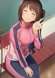 Rule 34 | 10s, 1girl, bench, blush, breasts, brown hair, chair, chalkboard, classroom, closed mouth, dacchi, eyebrows, from above, hand on own thigh, highres, idolmaster, idolmaster cinderella girls, indoors, jacket, long hair, long sleeves, medium breasts, one side up, running bond, school, shimamura uzuki, sitting, smile, solo, track jacket, track suit, v, wall, wooden floor, zipper