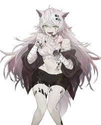 Rule 34 | 1girl, ahoge, animal ears, arknights, bandaged arm, bandages, black blood, black jacket, black shorts, blood, blood from mouth, blood on face, breasts, cleavage, colored blood, commentary, fangs, green eyes, grey eyes, hair between eyes, hair ornament, hairclip, highres, jacket, koio, lappland (arknights), long hair, looking at viewer, material growth, medium breasts, messy hair, midriff, navel, off shoulder, open mouth, oripathy lesion (arknights), pale skin, scar, scar across eye, scar on face, short shorts, shorts, simple background, smile, solo, tail, white background, wolf ears, wolf tail