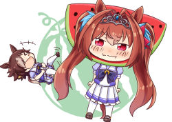 Rule 34 | &gt; &lt;, +++, 2girls, :i, animal ears, blush, bow, bowtie, brown footwear, brown hair, check commentary, chibi, closed eyes, closed mouth, commentary request, daiwa scarlet (umamusume), ear ornament, food, frilled skirt, frills, fruit, fruit costume, full body, hair between eyes, hair intakes, hair over one eye, hinata yuu, horse ears, horse girl, horse tail, horseshoe ornament, laughing, long hair, low ponytail, lying, miniskirt, multicolored hair, multiple girls, on back, open mouth, pleated skirt, pout, puffy short sleeves, puffy sleeves, pun, purple bow, purple bowtie, purple shirt, red eyes, sailor collar, sailor shirt, school uniform, serafuku, shirt, shoes, short sleeves, sidelocks, skirt, smile, standing, summer uniform, tail, thighhighs, tiara, tracen school uniform, twintails, two-tone hair, umamusume, very long hair, vodka (umamusume), watermelon, white background, white skirt, white thighhighs