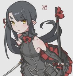 Rule 34 | 1girl, akari (raigou), alternate costume, bare shoulders, black hair, bow, commentary, dress, elf, highres, holding, holding weapon, long hair, open mouth, original, pointy ears, raigou, red bow, red dress, red ribbon, ribbon, sheath, solo, sword, thick eyebrows, unsheathed, weapon, yellow eyes