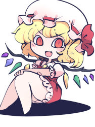 Rule 34 | 1girl, ascot, blonde hair, blush stickers, chahan (fried rice0614), crystal, dress, fang, flandre scarlet, hat, highres, mob cap, one-hour drawing challenge, open mouth, puffy short sleeves, puffy sleeves, red dress, red eyes, short hair, short sleeves, side ponytail, simple background, smile, solo, touhou, white background, white hat, wings, yellow ascot