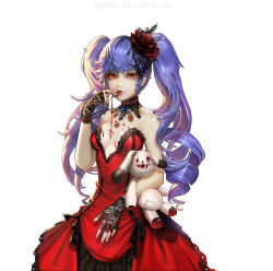 Rule 34 | 1girl, backlighting, blood, breasts, character request, choker, detached collar, dress, fingerless gloves, flower, gloves, hair flower, hair ornament, highres, lace, light purple hair, long hair, no bra, nose, pale skin, red dress, red eyes, ringlets, sangrde, slit pupils, small breasts, solo, strapless, strapless dress, stuffed animal, stuffed rabbit, stuffed toy, twintails, vampire, white background
