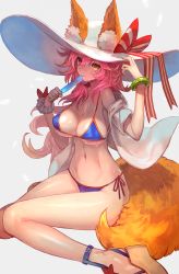 Rule 34 | 10s, 1girl, animal ears, bikini, blue bikini, breasts, cleavage, ears through headwear, fate/extra, fate (series), food, fox ears, fox tail, grey background, halterneck, hat, highres, lack, large breasts, large hat, licking, long hair, navel, pink hair, popsicle, side-tie bikini bottom, sitting, smile, solo, string bikini, sun hat, sweat, swimsuit, tail, tamamo (fate), tamamo no mae (fate/extra), tamamo no mae (swimsuit lancer) (fate), tamamo no mae (swimsuit lancer) (third ascension) (fate), tongue, tongue out, white hat, yellow eyes
