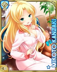 Rule 34 | 1girl, :d, blonde hair, bottomless, breasts, card (medium), chair, character name, cleavage, floor, girlfriend (kari), green eyes, house, house plant, indoors, kanzaki mikoto, large breasts, long hair, nurse, official art, open mouth, pink shirt, qp:flapper, shirt, sitting, smile, stuffed animal, stuffed toy, tagme, teddy bear