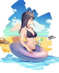 Rule 34 | 1girl, absurdres, animal ears, arknights, bare arms, bare shoulders, beach, beach umbrella, bikini, black bikini, black hair, blue sky, breasts, brown eyes, character name, chinese commentary, cloud, commentary request, cowboy shot, cup, dated, day, drinking glass, drinking straw, food, food in mouth, from side, front-tie bikini top, front-tie top, fruit, highres, holding, holding cup, innertube, lime (fruit), lime slice, long hair, medium breasts, mirwind x, mouth hold, navel, outdoors, pocky, profile, sky, solo, standing, stomach, swim ring, swimsuit, texas (arknights), umbrella, wading, water, wolf ears