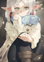 Rule 34 | 1girl, black pantyhose, closed mouth, coat, dangle earrings, drop earrings, earrings, elf, fadingz, frieren, green eyes, highres, jewelry, knees up, light smile, long hair, looking at viewer, pantyhose, pointy ears, ring, sitting, solo, sousou no frieren, white coat, white hair