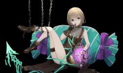 Rule 34 | 1boy, akitama2727, bare shoulders, black background, boots, brown dress, brown footwear, brown gloves, brown hair, cage, candy, chain, closed mouth, dress, food, full body, gloves, green hair, gretel (sinoalice), hair between eyes, hansel (sinoalice), holding, holding candy, holding food, holding lollipop, lollipop, looking at viewer, on floor, simple background, sinoalice, sitting, sleeveless, smile, solo, trap