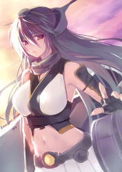 Rule 34 | 10s, 1girl, bare shoulders, black hair, breasts, criss-cross halter, elbow gloves, fingerless gloves, gloves, hair between eyes, halterneck, halterneck, headgear, kantai collection, large breasts, long hair, looking at viewer, machinery, nagato (kancolle), navel, obiwan, red eyes, revision, skirt, sky, solo, twitter username