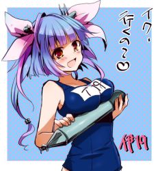 Rule 34 | 10s, 1girl, :d, blue hair, blush, border, breast rest, breasts, carried breast rest, carrying, character name, fang, hair ribbon, i-19 (kancolle), kantai collection, long hair, momoiro, one-piece swimsuit, open mouth, outside border, personification, polka dot, polka dot background, pun, red eyes, ribbon, school swimsuit, smile, solo, swimsuit, torpedo, twintails