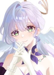 Rule 34 | 1girl, bare shoulders, breasts, cleavage, commentary request, dress, gloves, green eyes, head wings, highres, honkai: star rail, honkai (series), long hair, looking at viewer, own hands together, purple hair, robin (honkai: star rail), simple background, smile, solo, strapless, strapless dress, sura (sra 975), upper body, white background, white gloves, wings